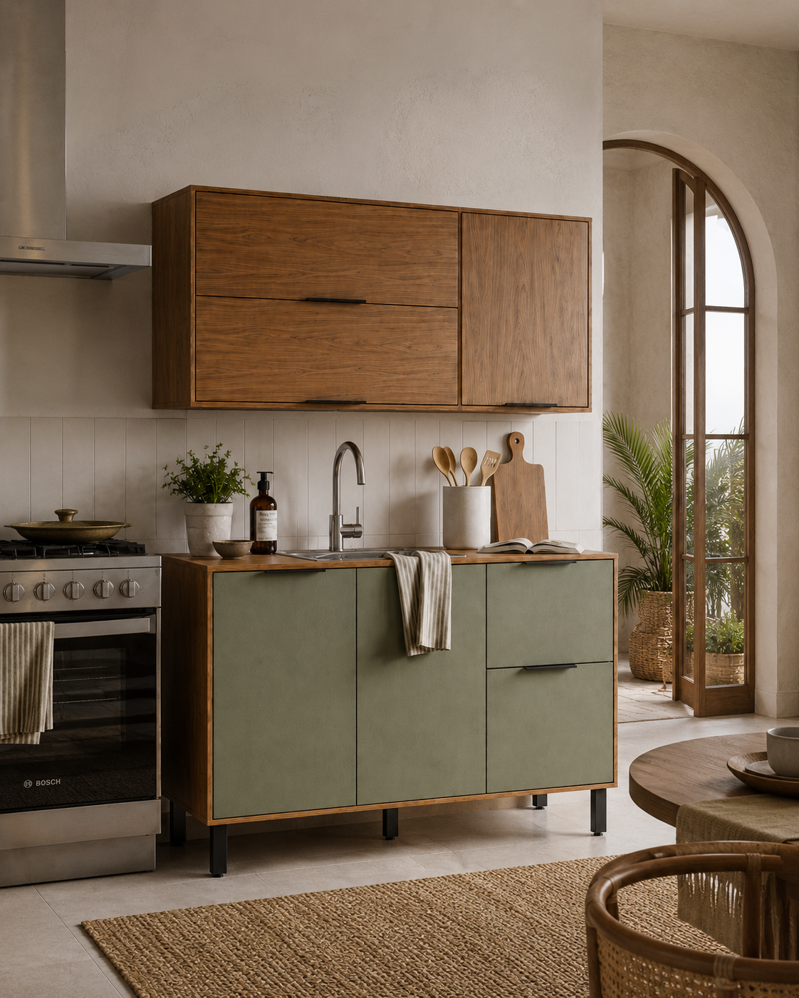 Cocina 200 cm Rosario 5 Puertas 2 Cajones Natural/Oliva