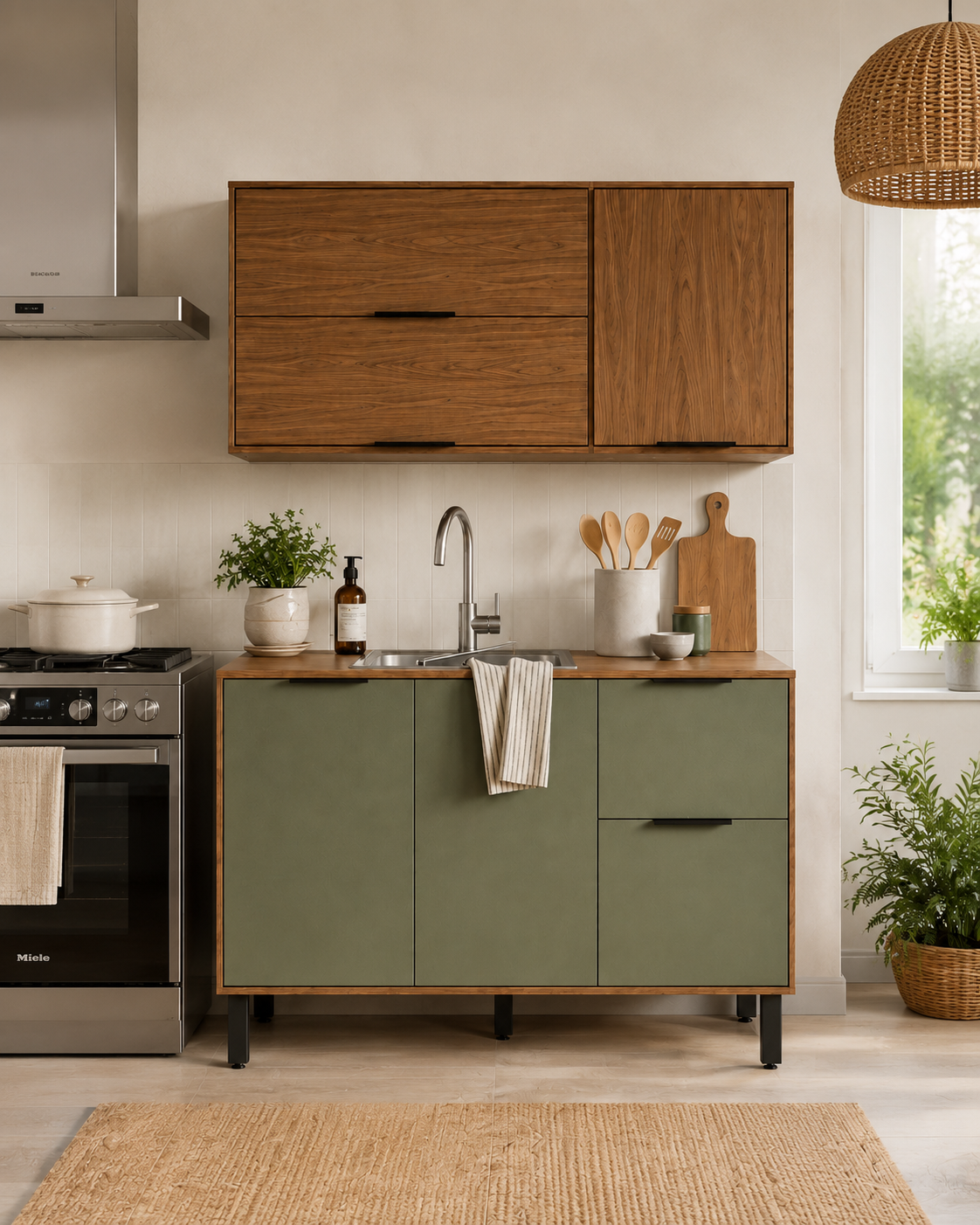 Cocina 200 cm Rosario 5 Puertas 2 Cajones Natural/Oliva