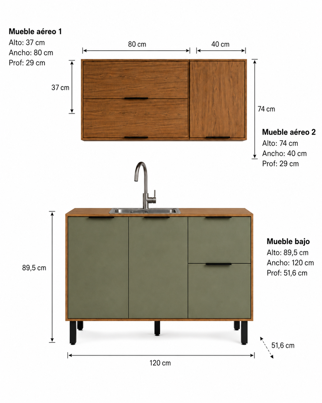 Cocina 200 cm Rosario 5 Puertas 2 Cajones Natural/Oliva