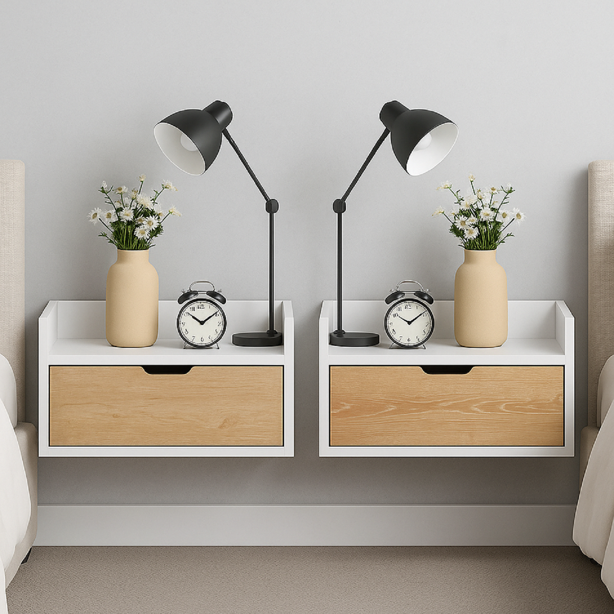 Set X 2 Mesas De Noche Flotantes Con Puerta 23x50x30cm Madera