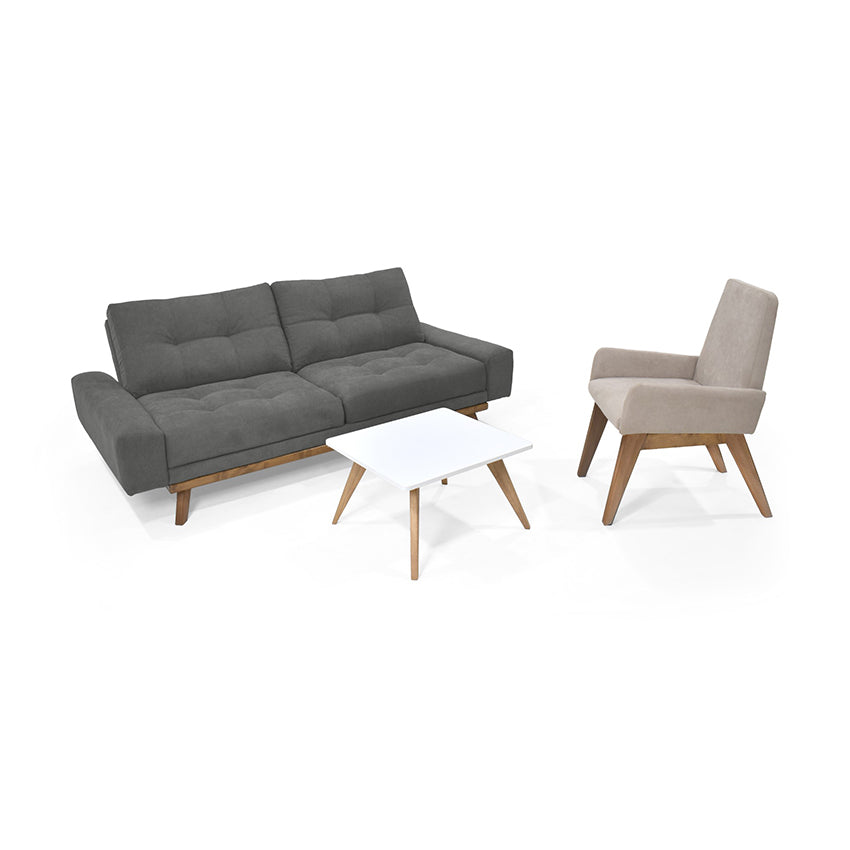 Sala suiza con poltrona islandia tela gris taupe