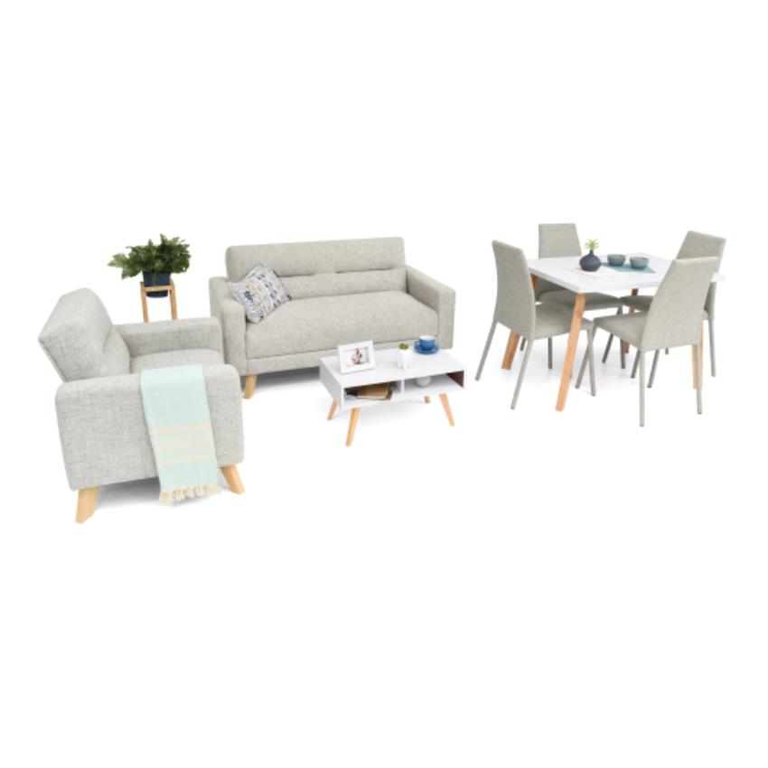 Sala barza + comedor lugo matiz 4 puestos sillas venecia plata tela