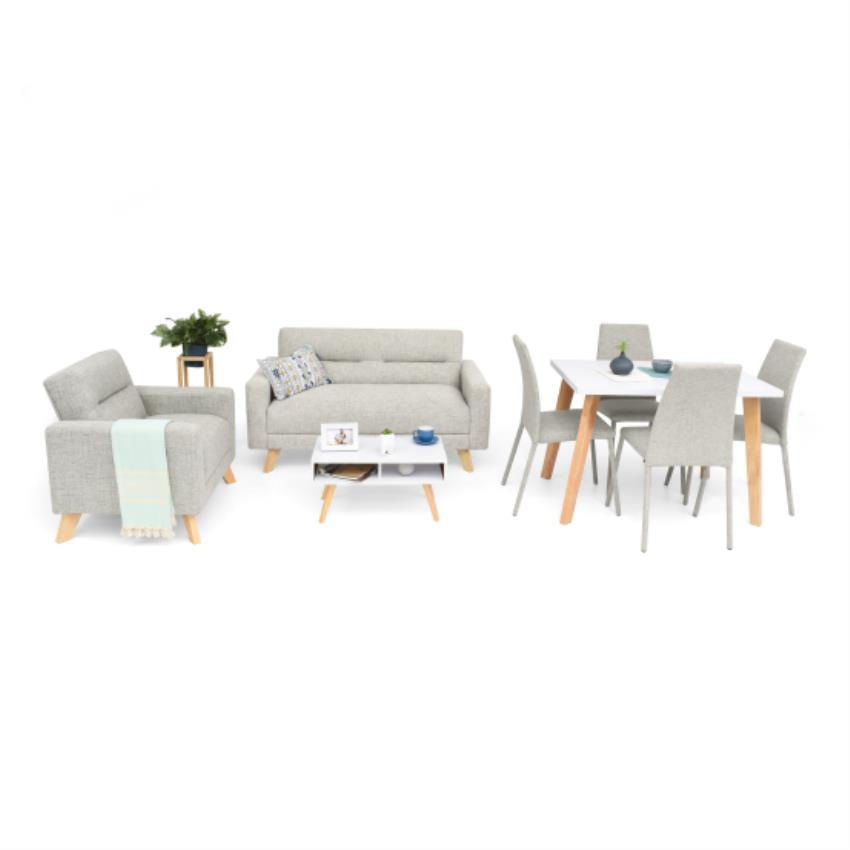 Sala barza + comedor lugo matiz 4 puestos sillas venecia plata tela
