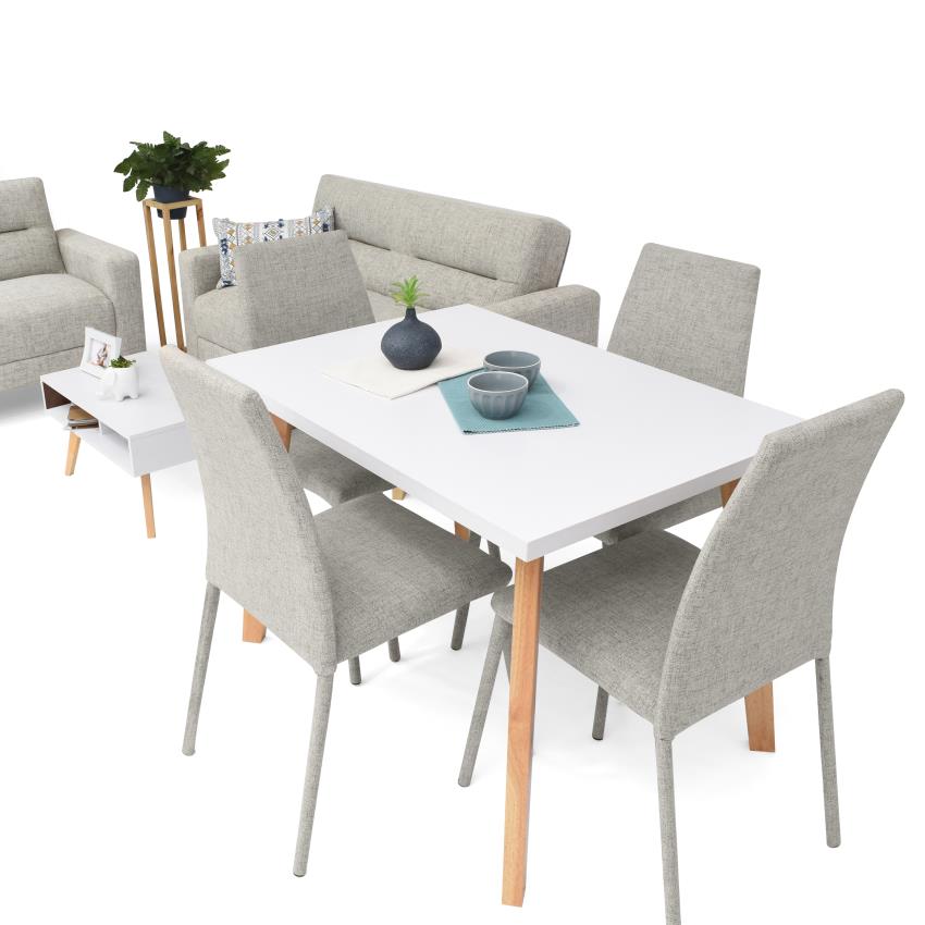 Sala barza + comedor lugo matiz 4 puestos sillas venecia plata tela