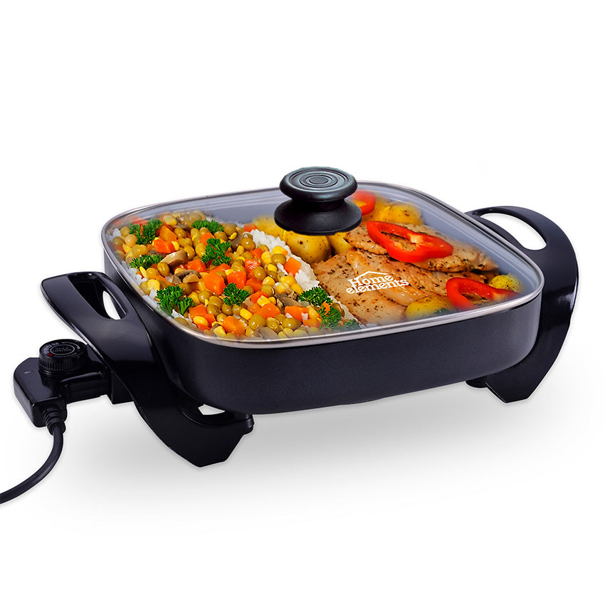 Sarten electrico cuadrado 30x30 cms con tapa vidrio home elements