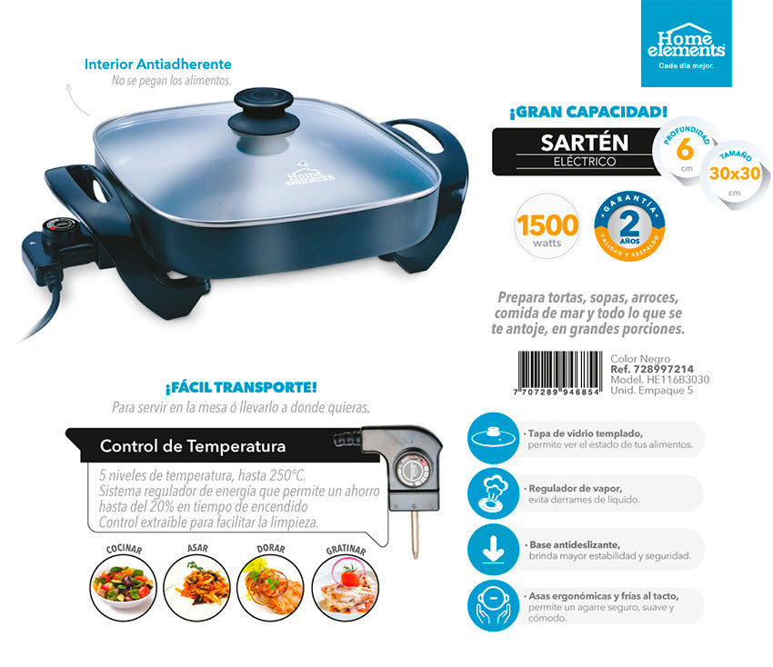 Sarten electrico cuadrado 30x30 cms con tapa vidrio home elements