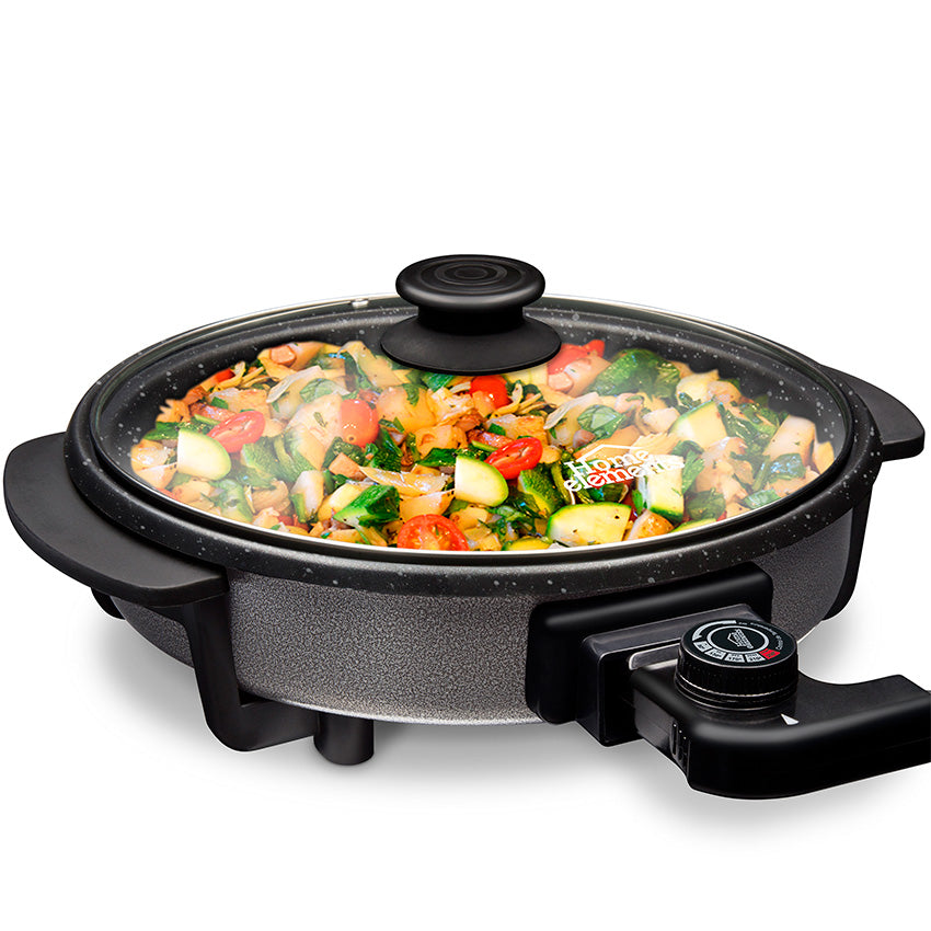 Sarten wok electrico 30 cm en stone con tapa en vidrio home elements