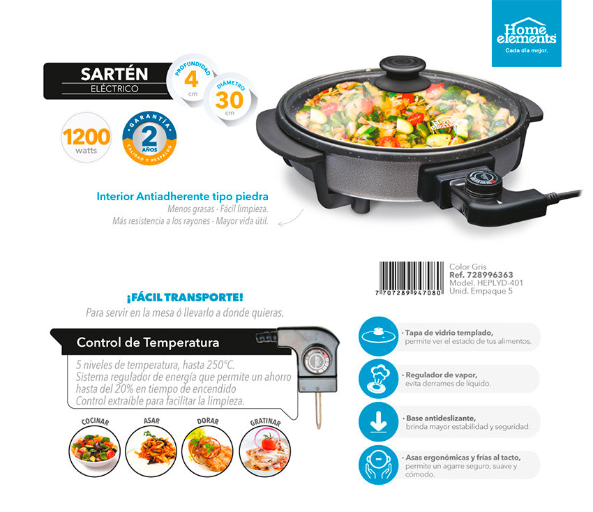 Sarten wok electrico 30 cm en stone con tapa en vidrio home elements