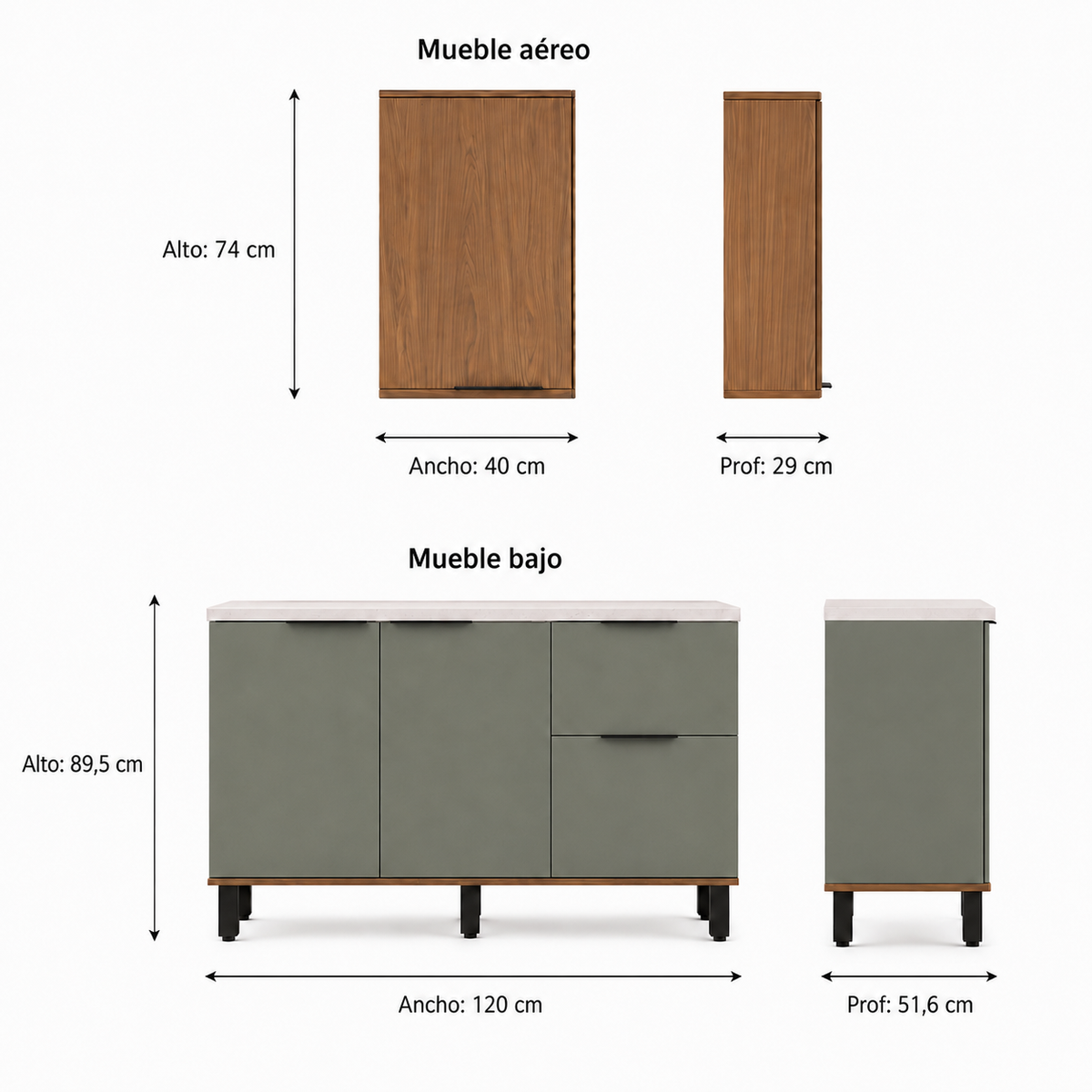 Cocina 120 cm Sicilia 4 Puertas 2 Cajones Natural/Oliva