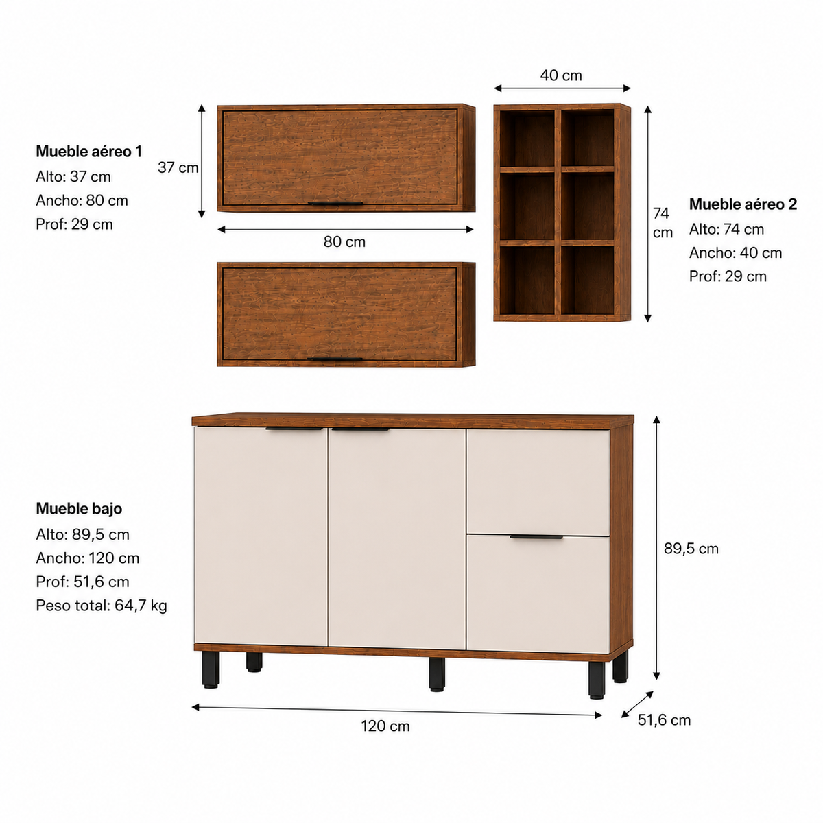 Cocina 120 cm Tahiti 4 Puertas 2 Cajones Natural/Blanco Apagado
