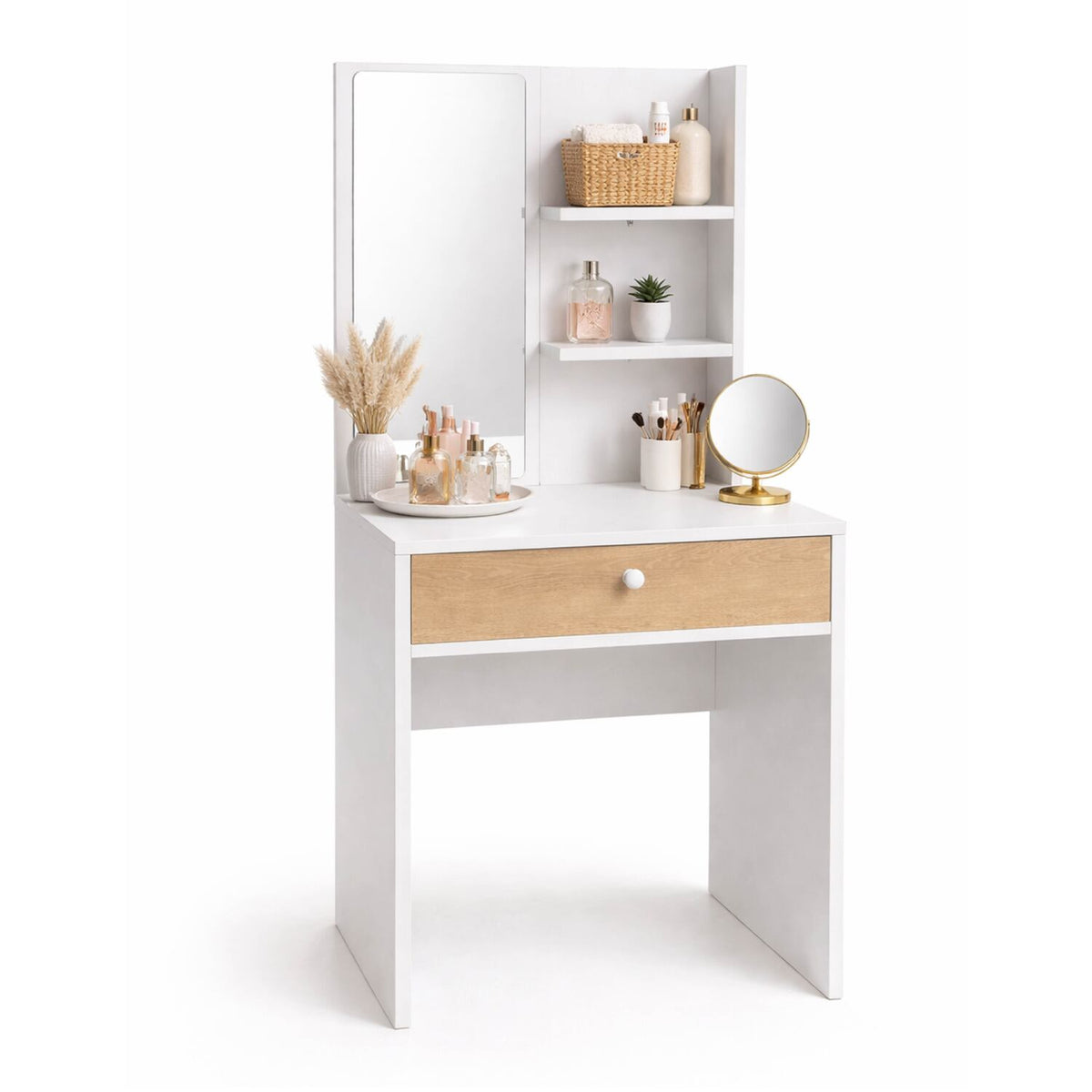 Tocador Touluse Con Espejo Repisas 140x70x40cm Blanco-Madera