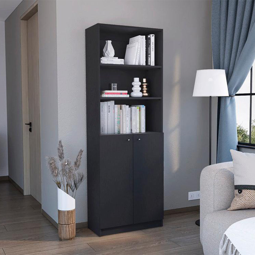 Biblioteca home, wengue, con cinco entrepaños y dos puertas abatibles