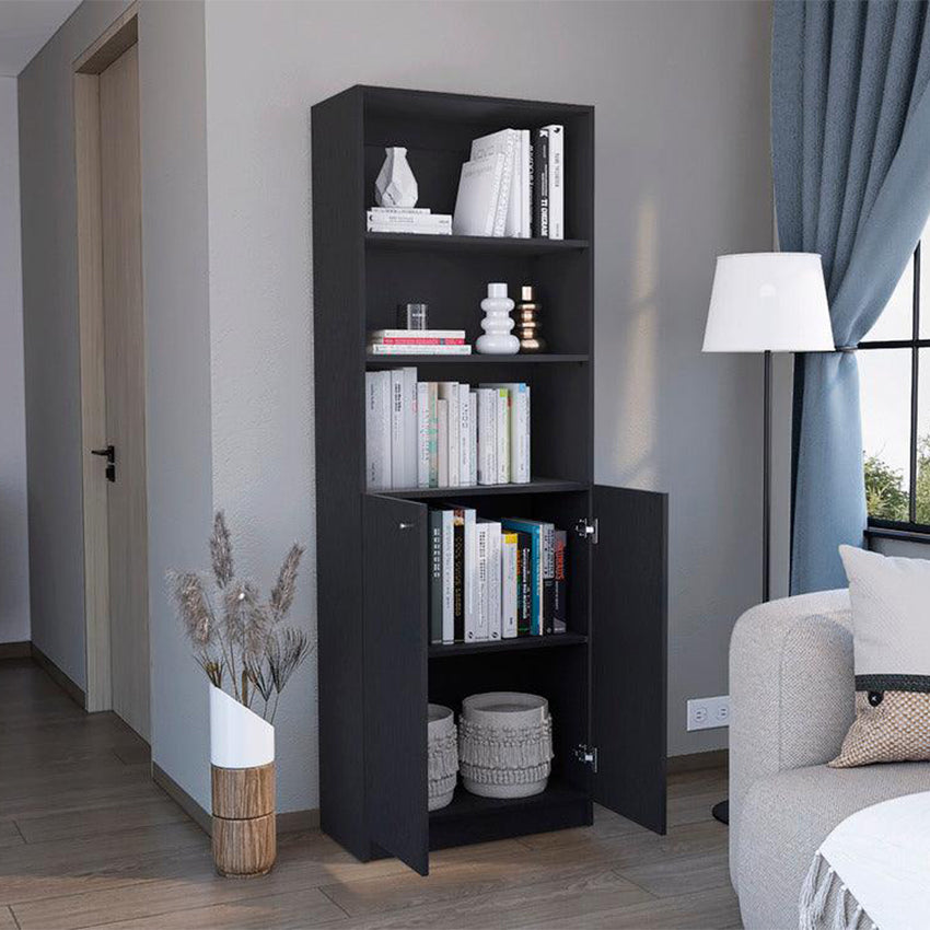 Biblioteca home, wengue, con cinco entrepaños y dos puertas abatibles