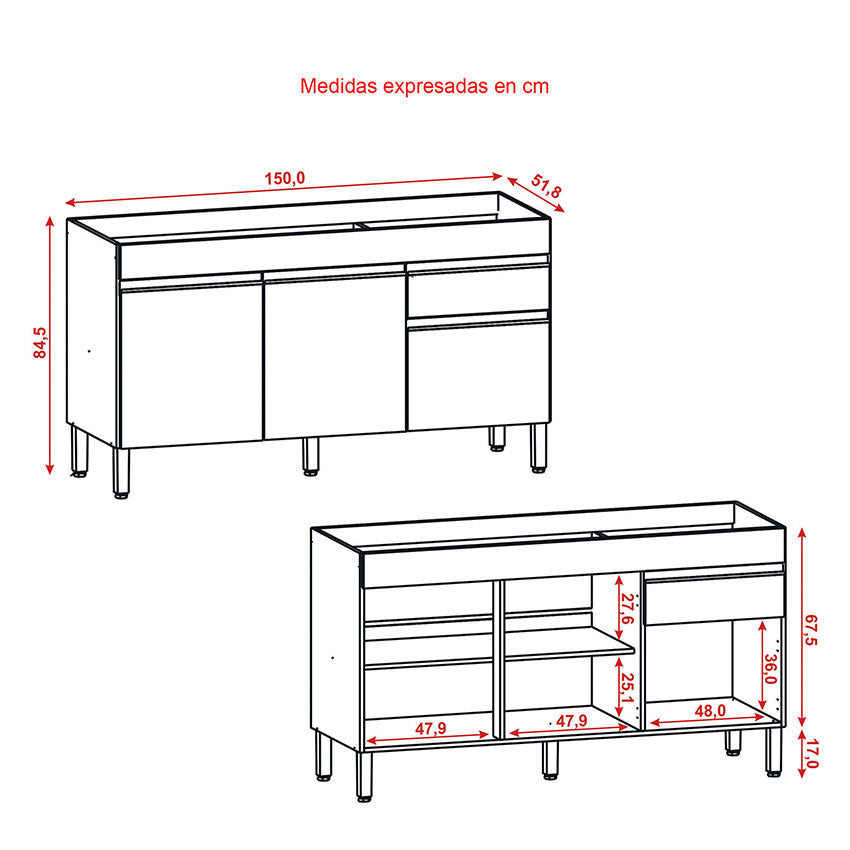 Cocina 150cm hortensia 6 puertas 1 cajon vainilla maderado natural