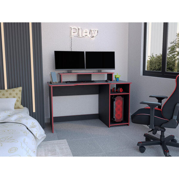 Escritorio gamer willy, wengue y rojo, con espacio adicional para pantallas