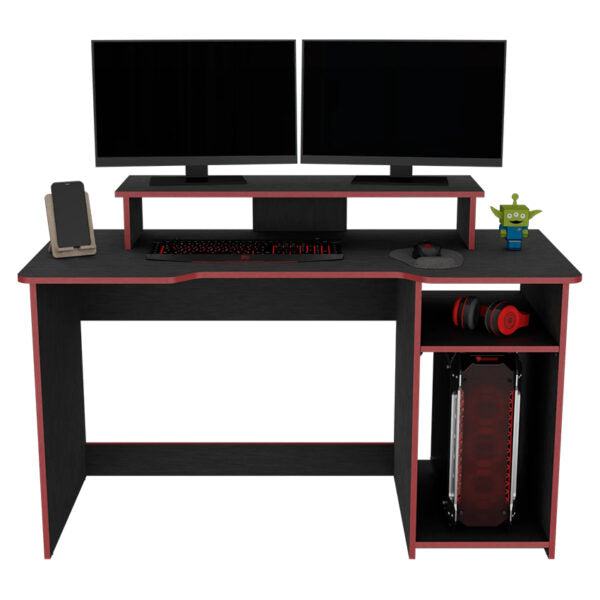 Escritorio gamer willy, wengue y rojo, con espacio adicional para pantallas