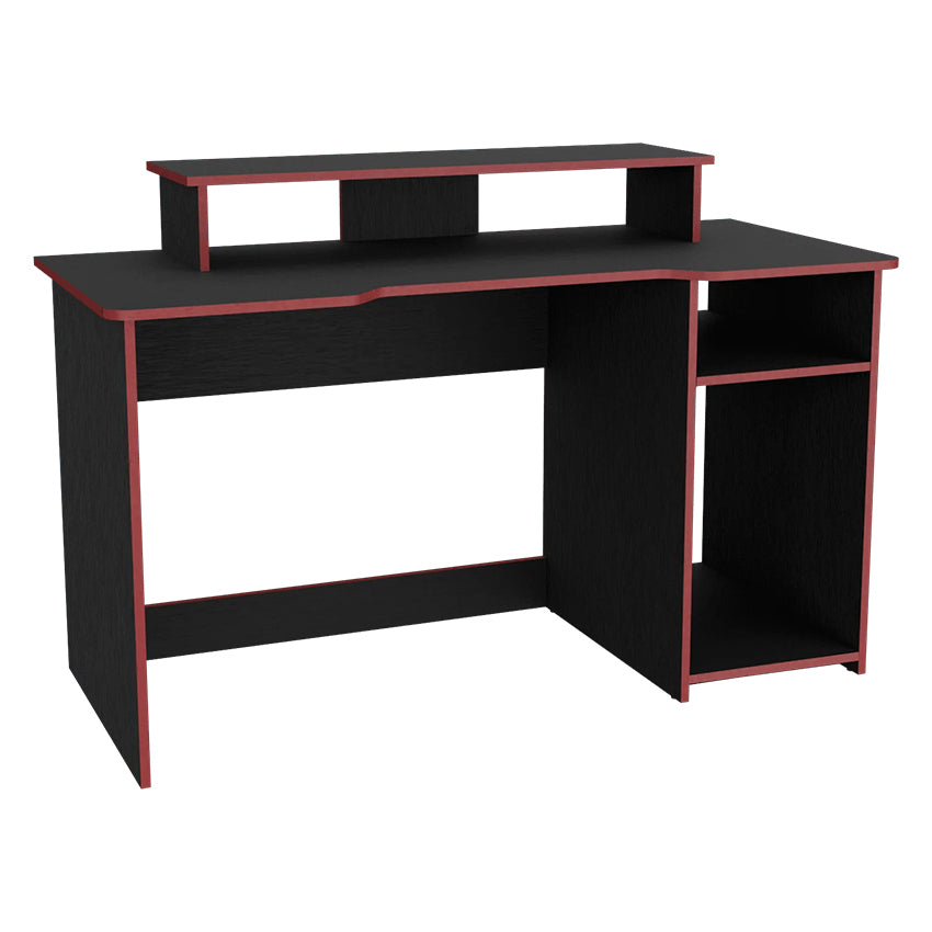Escritorio gamer willy, wengue y rojo, con espacio adicional para pantallas