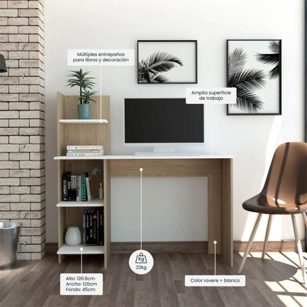 Escritorio vilna, rovere y blanco, con amplia superficie de trabajo