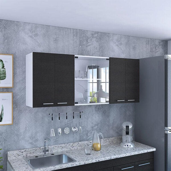 Gabinete superior vega, blanco y wengue, incluye entrepaño móvil central y dos puertas de vidrio