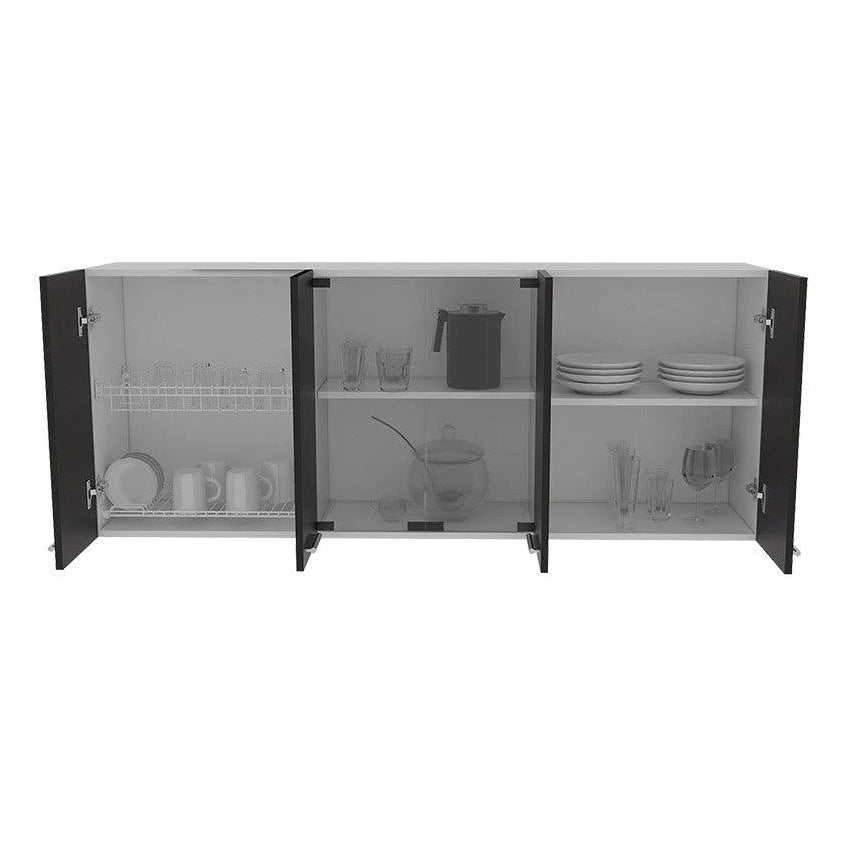 Gabinete superior vega, blanco y wengue, incluye entrepaño móvil central y dos puertas de vidrio