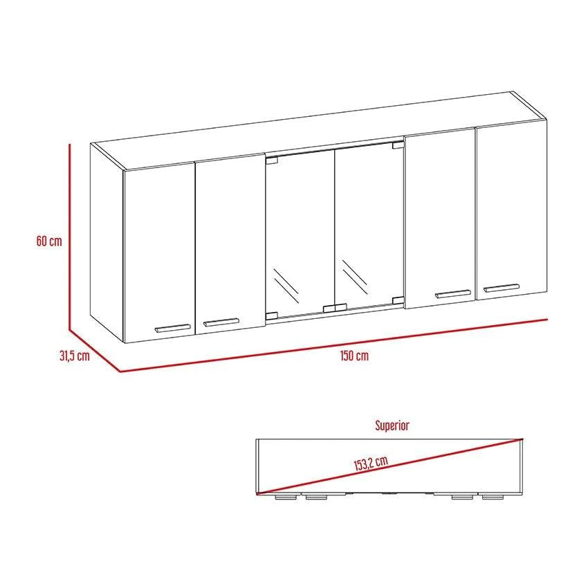 Gabinete superior vega, blanco y wengue, incluye entrepaño móvil central y dos puertas de vidrio