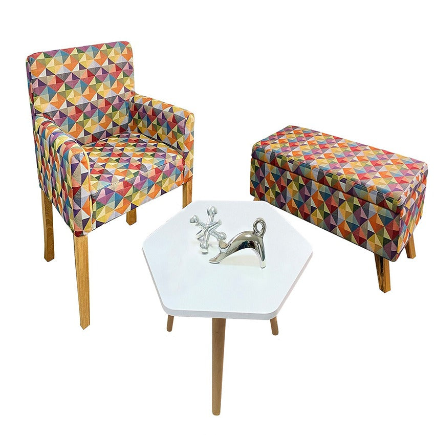 Combo sala colors poltrona (88x59x55) + banqueta baul + mesa de centro hexagonal