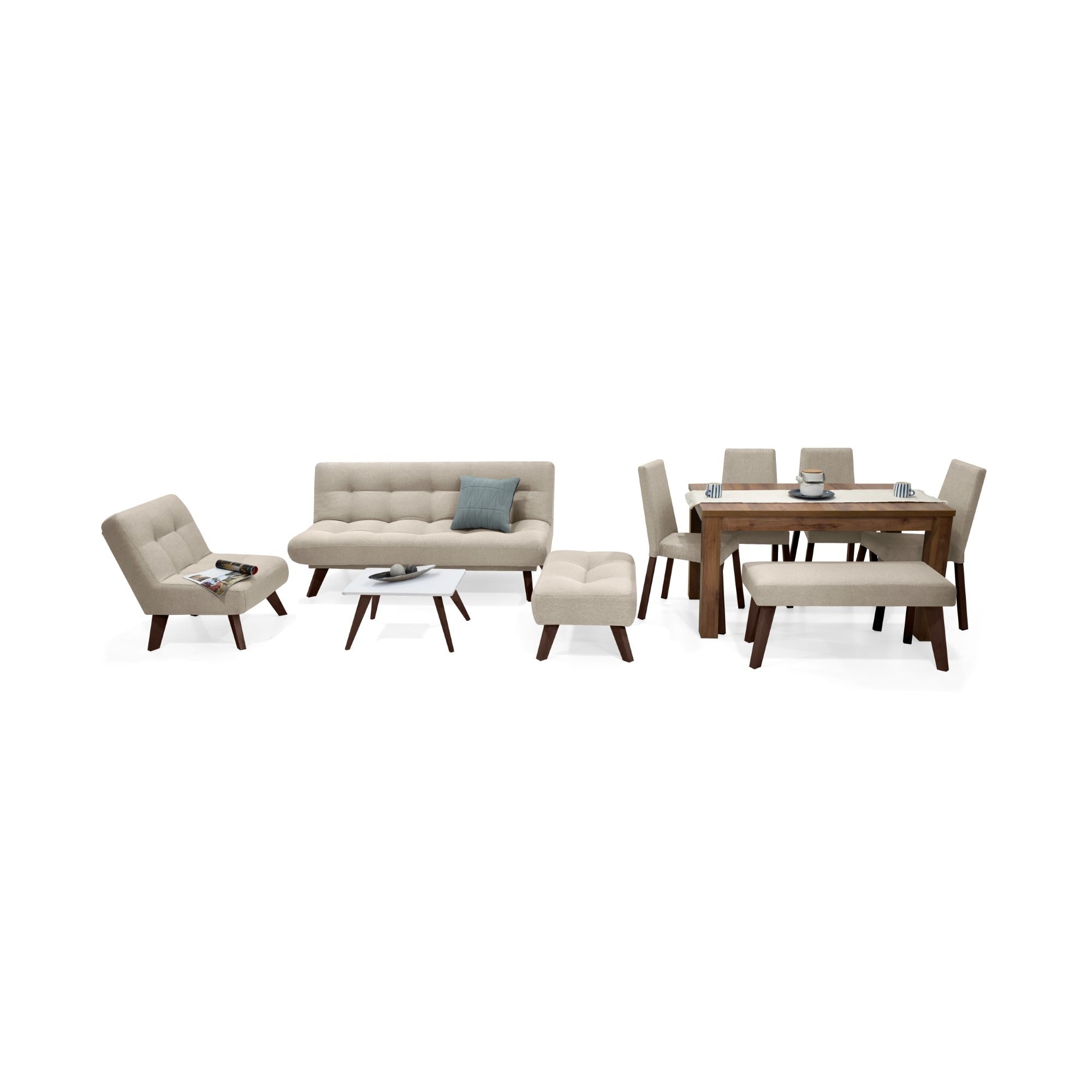 Sala porto + comedor mérida 6 puestos sillas viena + butaco beige