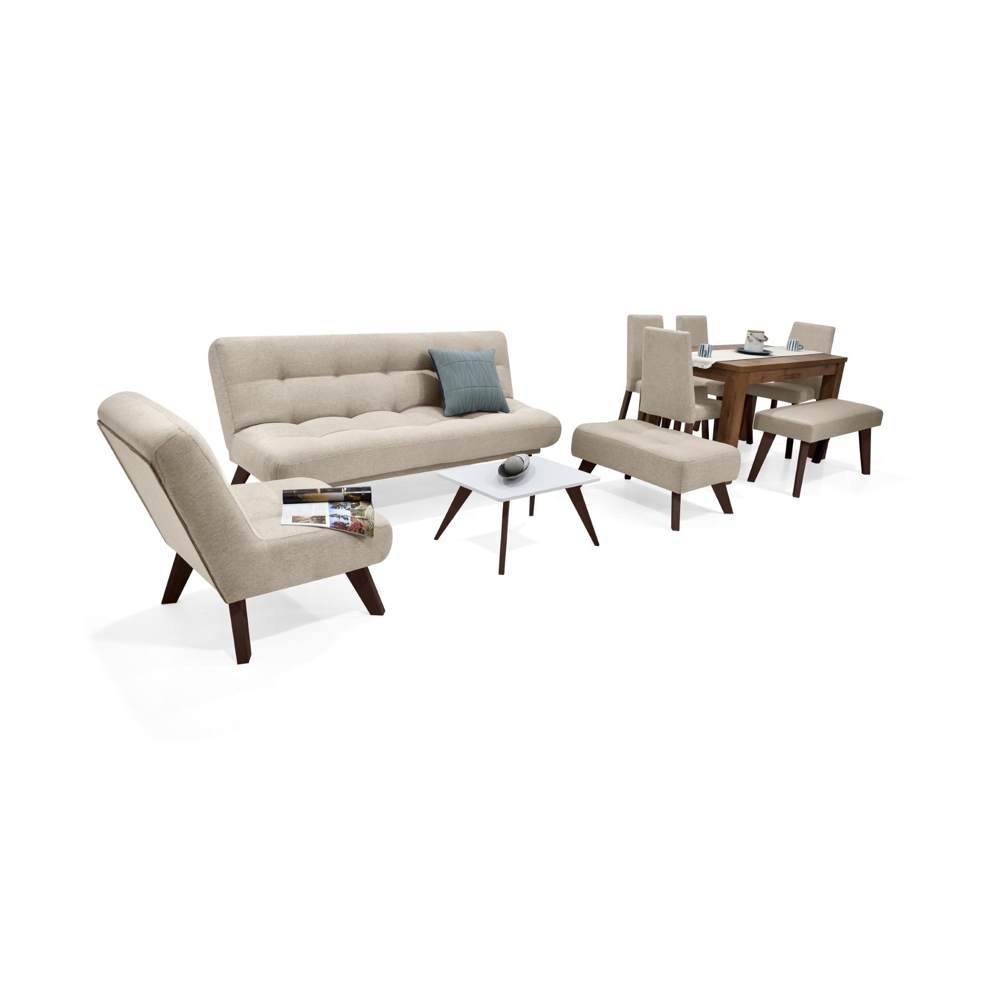 Sala porto + comedor mérida 6 puestos sillas viena + butaco beige