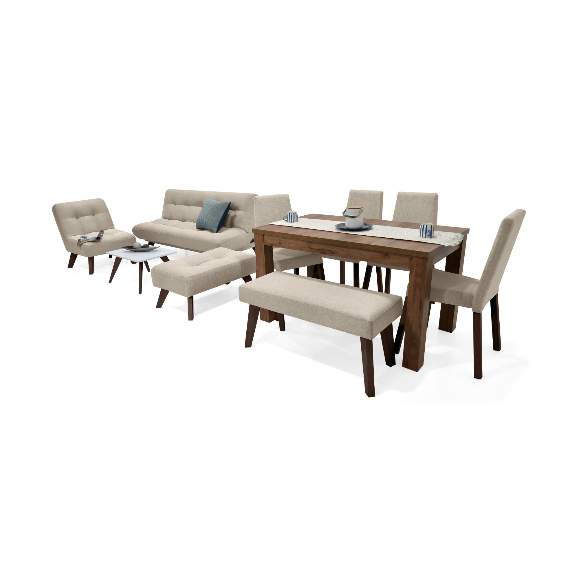 Sala porto + comedor mérida 6 puestos sillas viena + butaco beige
