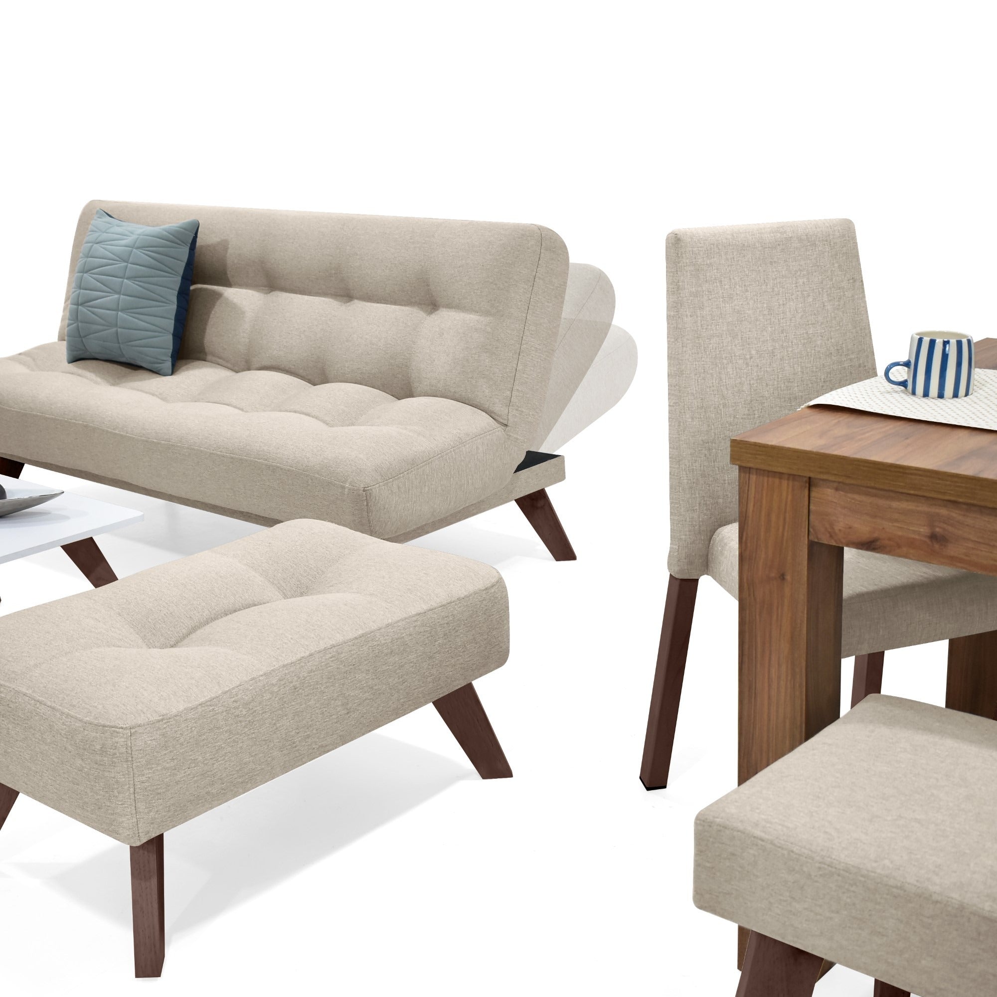 Sala porto + comedor mérida 6 puestos sillas viena + butaco beige