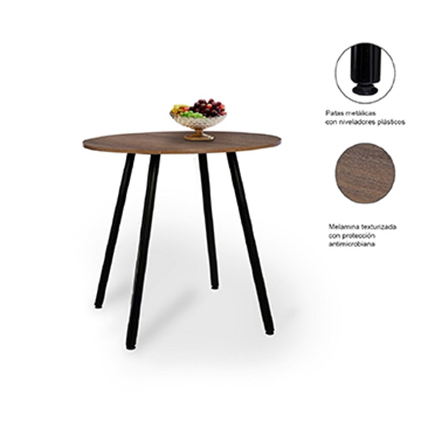 Combo comedor redondo 4 puestos (75x80x80) amaretto + 4 sillas negras