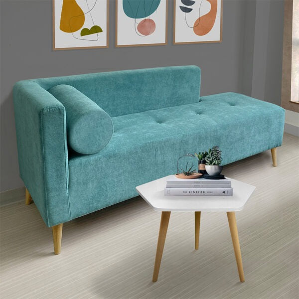 Combo sofa verde menta (66x163x64) y mesa de centro hexagonal blanca