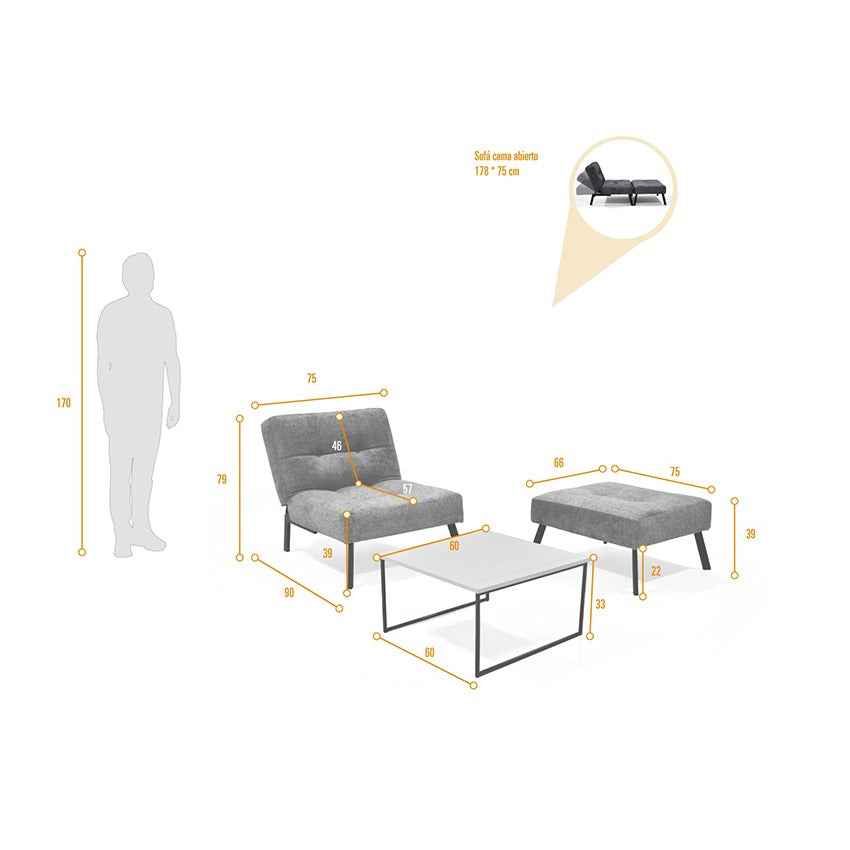 Sofá cama reclinable 1 puesto togo gris con mesa