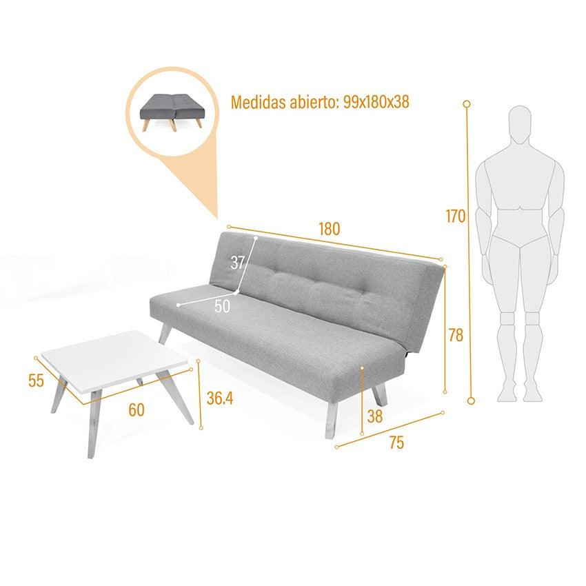 Set sofá cama 3 puestos london beige y mesa centro nova