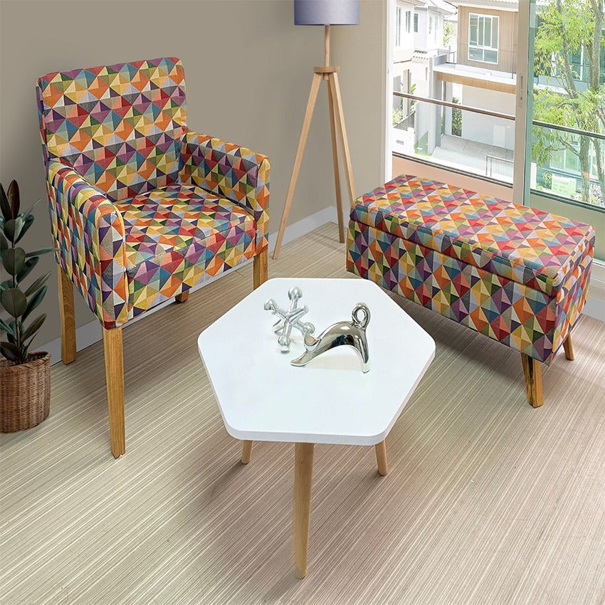 Combo sala colors poltrona (88x59x55) + banqueta baul + mesa de centro hexagonal