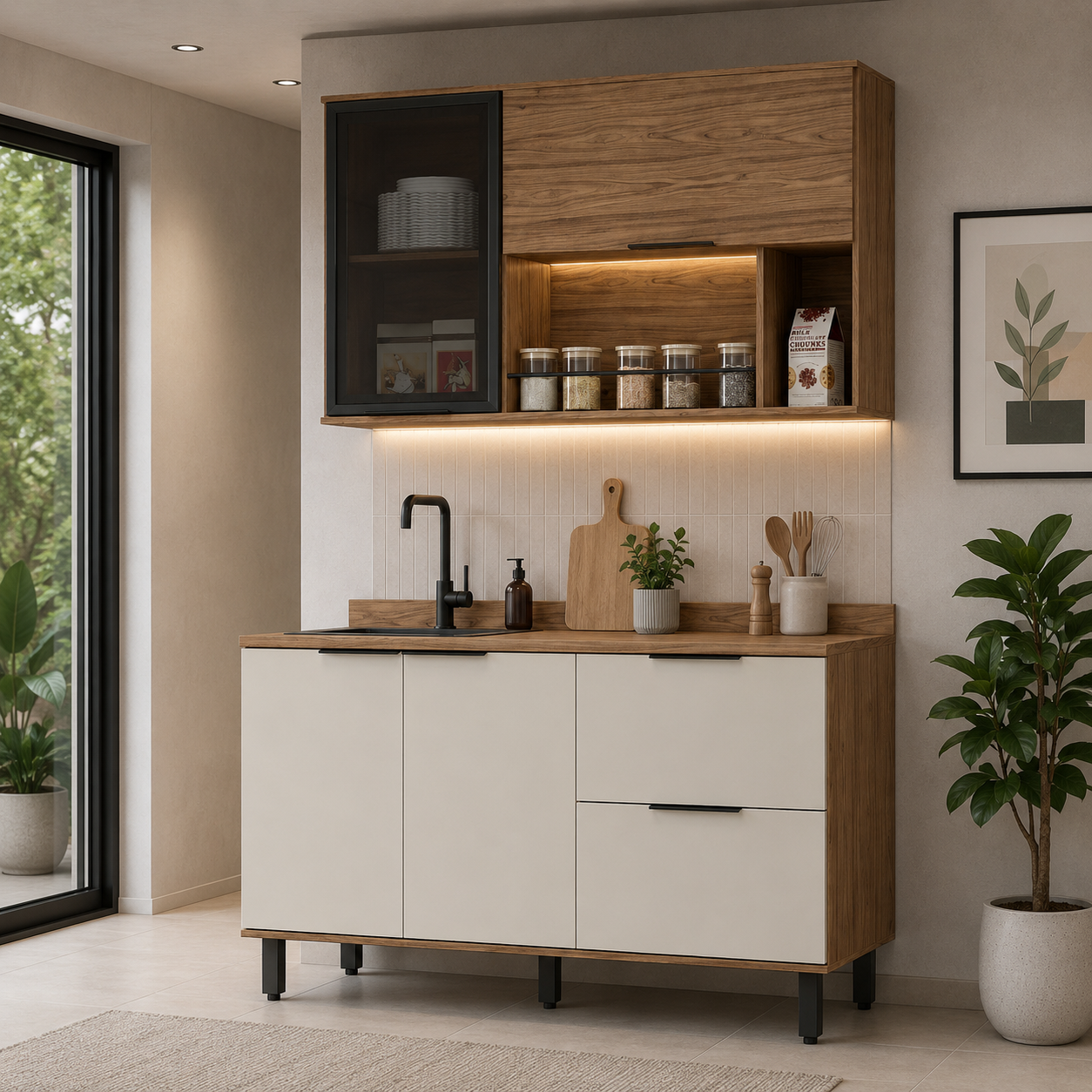 Cocina 120 cm Malta 3 Puertas 2 Cajones Natural/Blanco Apagado