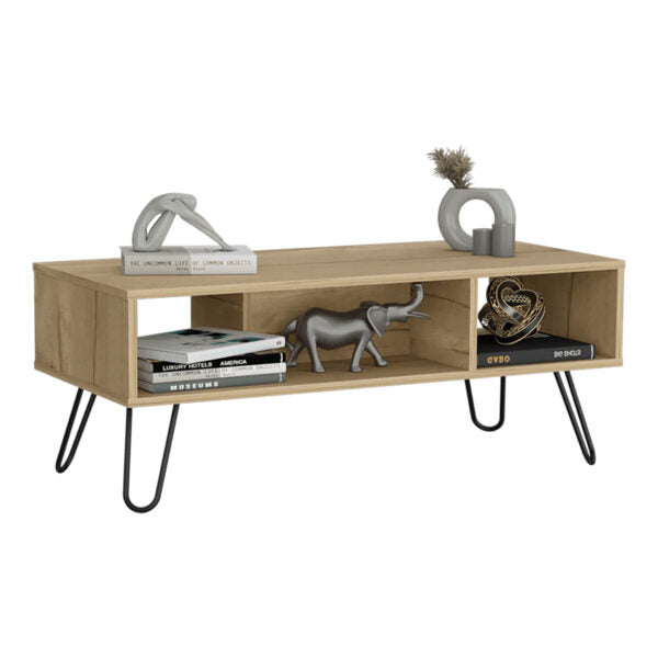 Mesa de centro lara, café claro, con amplio espacio y patas de acero