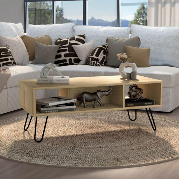 Mesa de centro lara, café claro, con amplio espacio y patas de acero