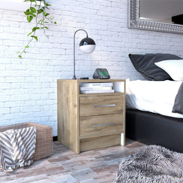 Mesa de noche douglas con un entrepaño superior y dos cajones organizadores