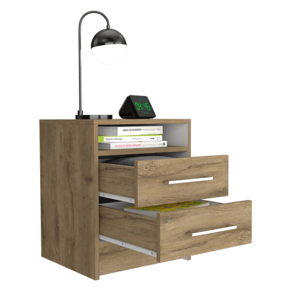 Mesa de noche douglas con un entrepaño superior y dos cajones organizadores