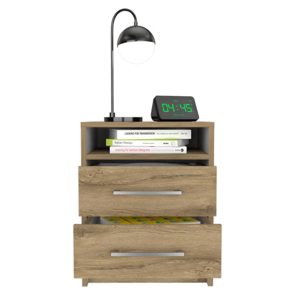 Mesa de noche douglas con un entrepaño superior y dos cajones organizadores