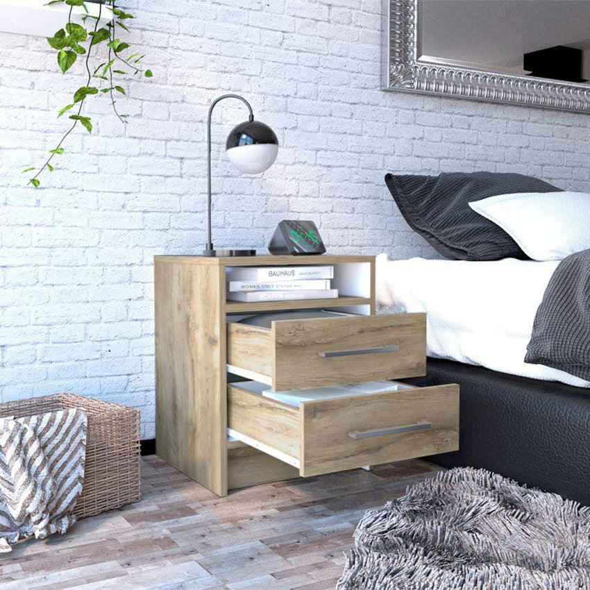 Mesa de noche douglas con un entrepaño superior y dos cajones organizadores