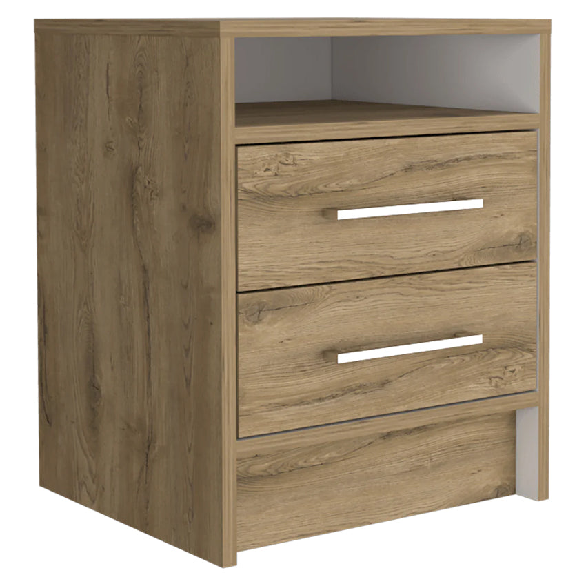 Mesa de noche douglas con un entrepaño superior y dos cajones organizadores