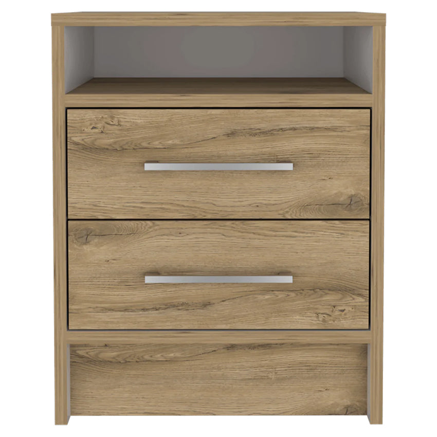 Mesa de noche douglas con un entrepaño superior y dos cajones organizadores