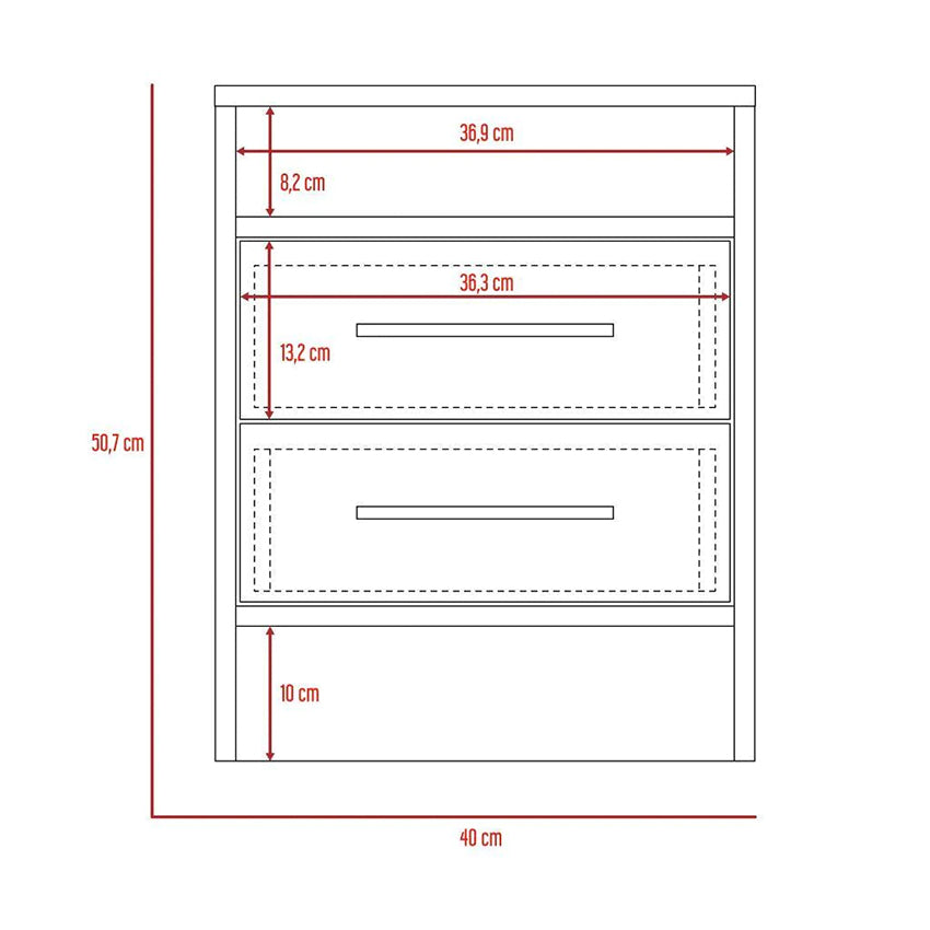 Mesa de noche douglas con un entrepaño superior y dos cajones organizadores