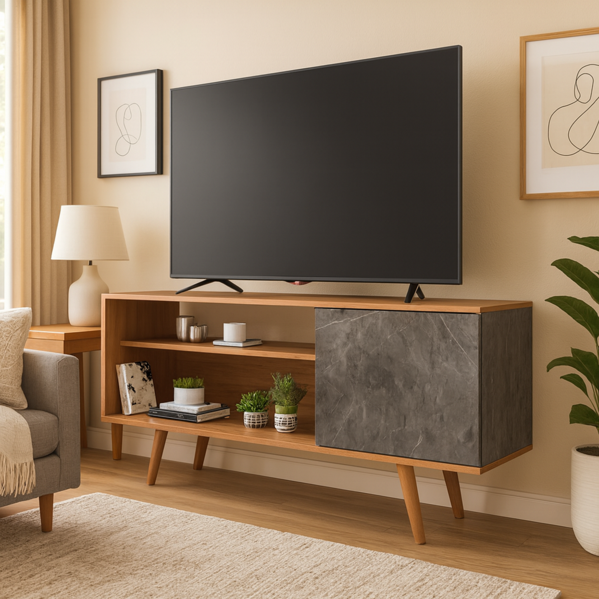 Mesa Para TV 60" Estambul Almendra/Marbol Lunar