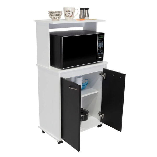 Módulo microondas palma, blanco y wengue, con dos puertas abatibles y rodachinas para su fácil desplazamiento