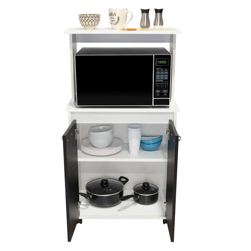 Módulo microondas palma, blanco y wengue, con dos puertas abatibles y rodachinas para su fácil desplazamiento