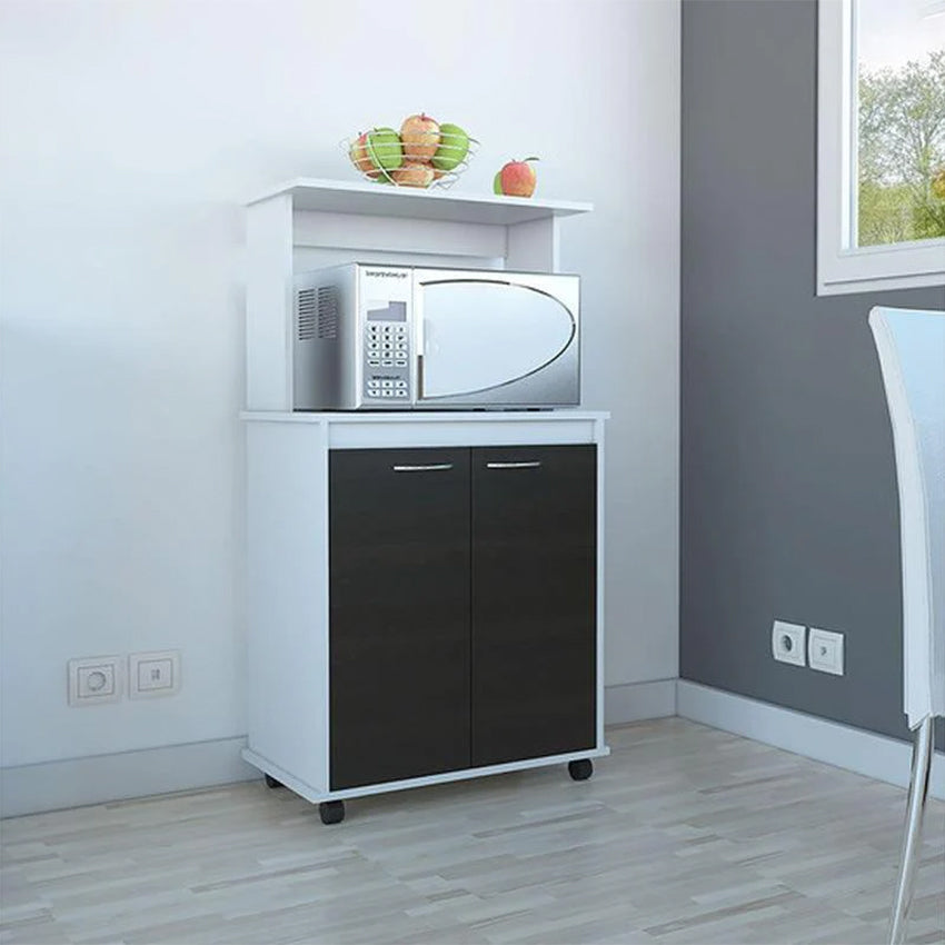 Módulo microondas palma, blanco y wengue, con dos puertas abatibles y rodachinas para su fácil desplazamiento