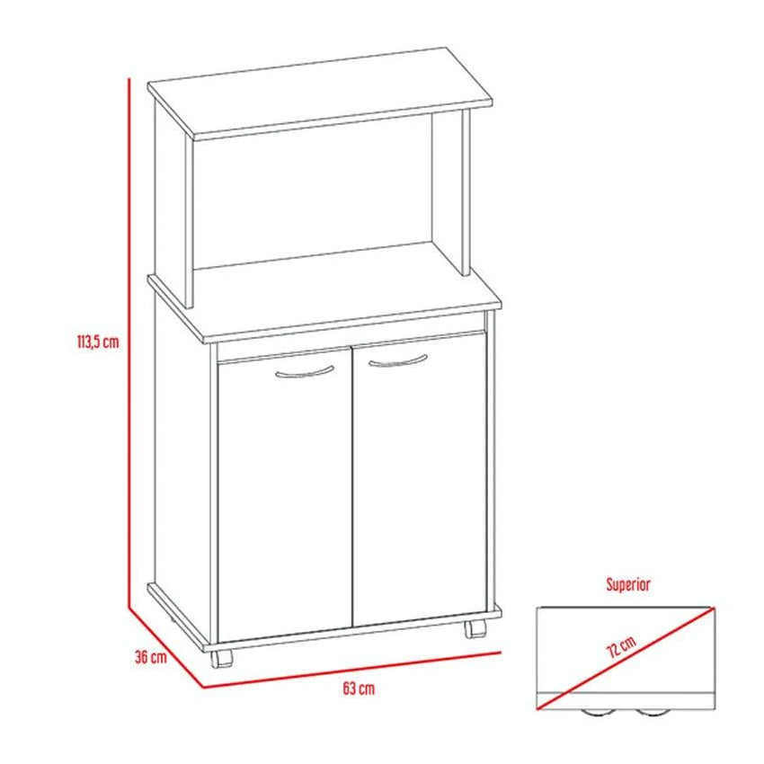 Módulo microondas palma, blanco y wengue, con dos puertas abatibles y rodachinas para su fácil desplazamiento